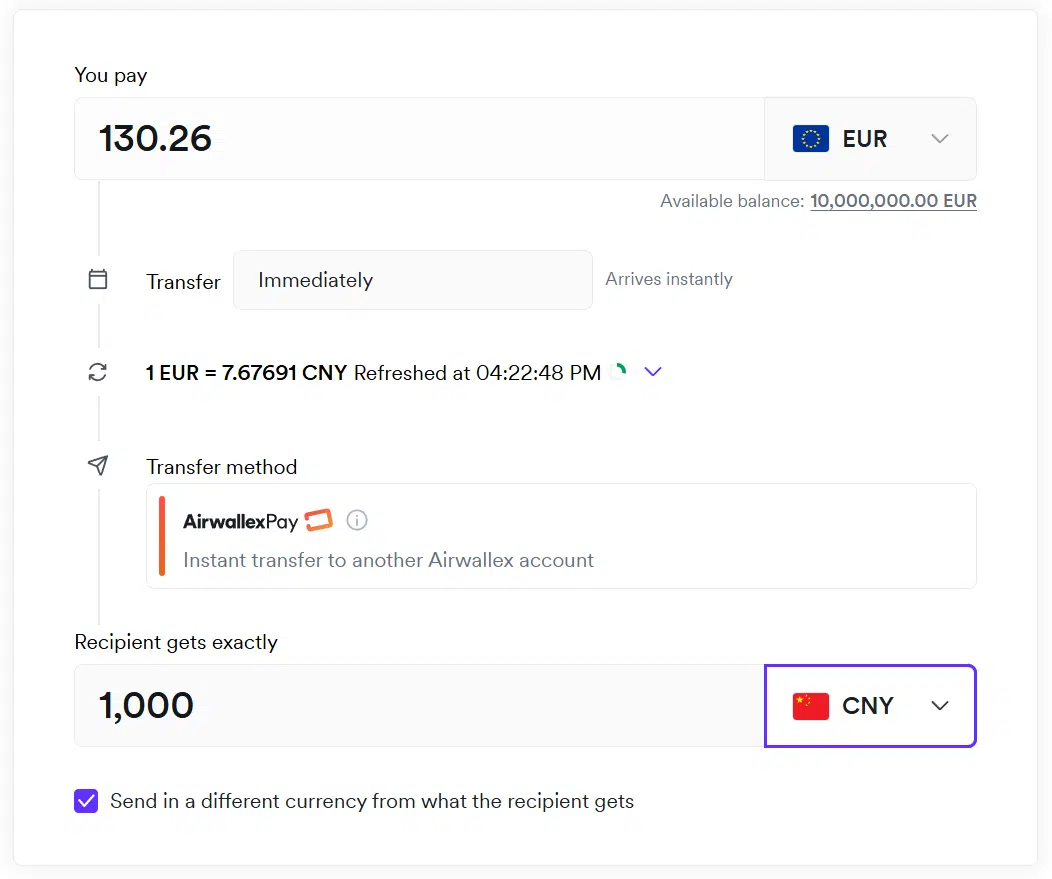 Test van een overboeking naar een andere Airwallex-rekening met AirwallexPay. Screenshot van een testoverboeking naar een andere Airwallex-rekening met AirwallexPay via de webinterface