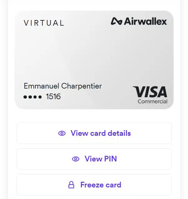 Airwallex: Kaartbehher Screenshot van het kaartbeheer-dashboard