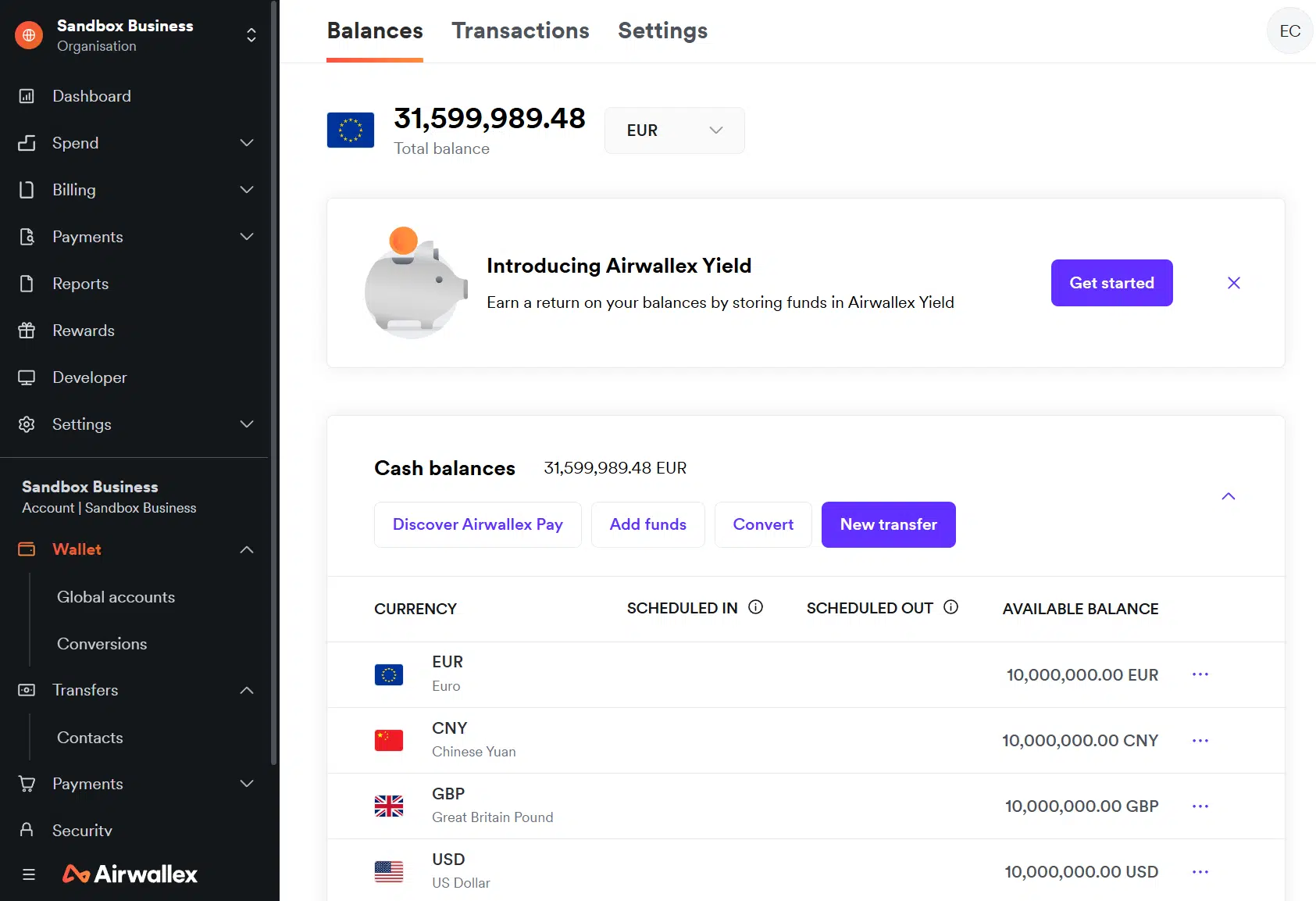 Airwallex-rekeningoverzicht en de subrekeningen in vreemde valuta Screenshot van het Airwallex-rekeningoverzicht en de subrekeningen in vreemde valuta