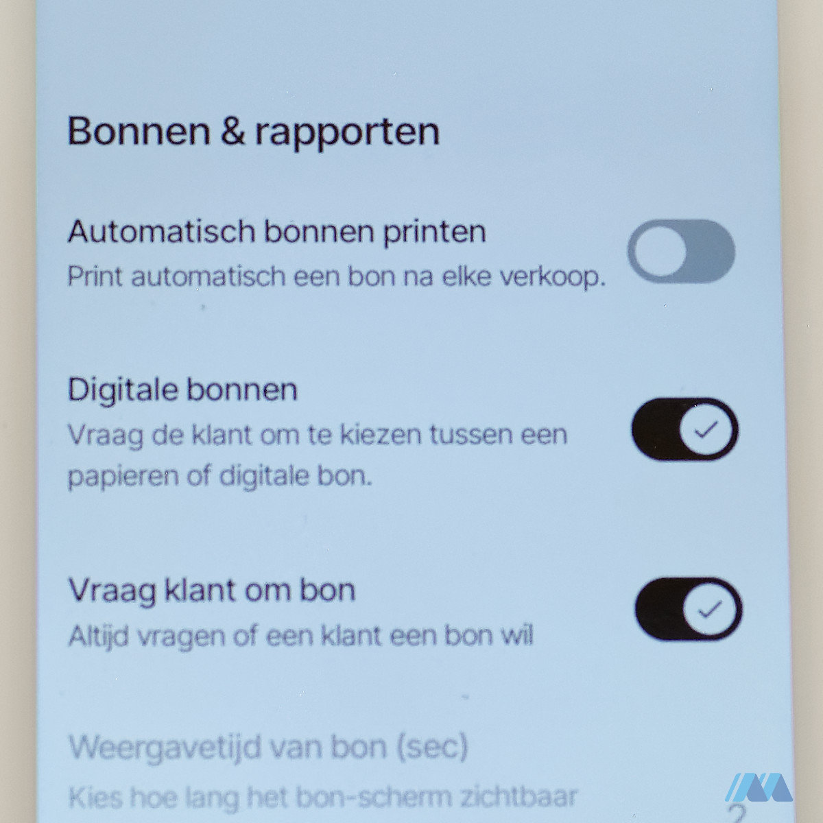 Flatpay-pinapparaat: close-up van het instellingenscherm voor pinbonnen